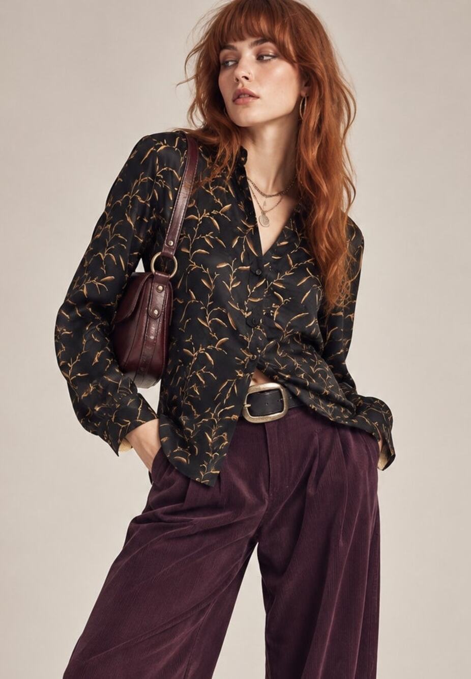 VTG 90s Hillard & Hanson Black Satin Gold Botanical Blouse M Whimsigoth Academia